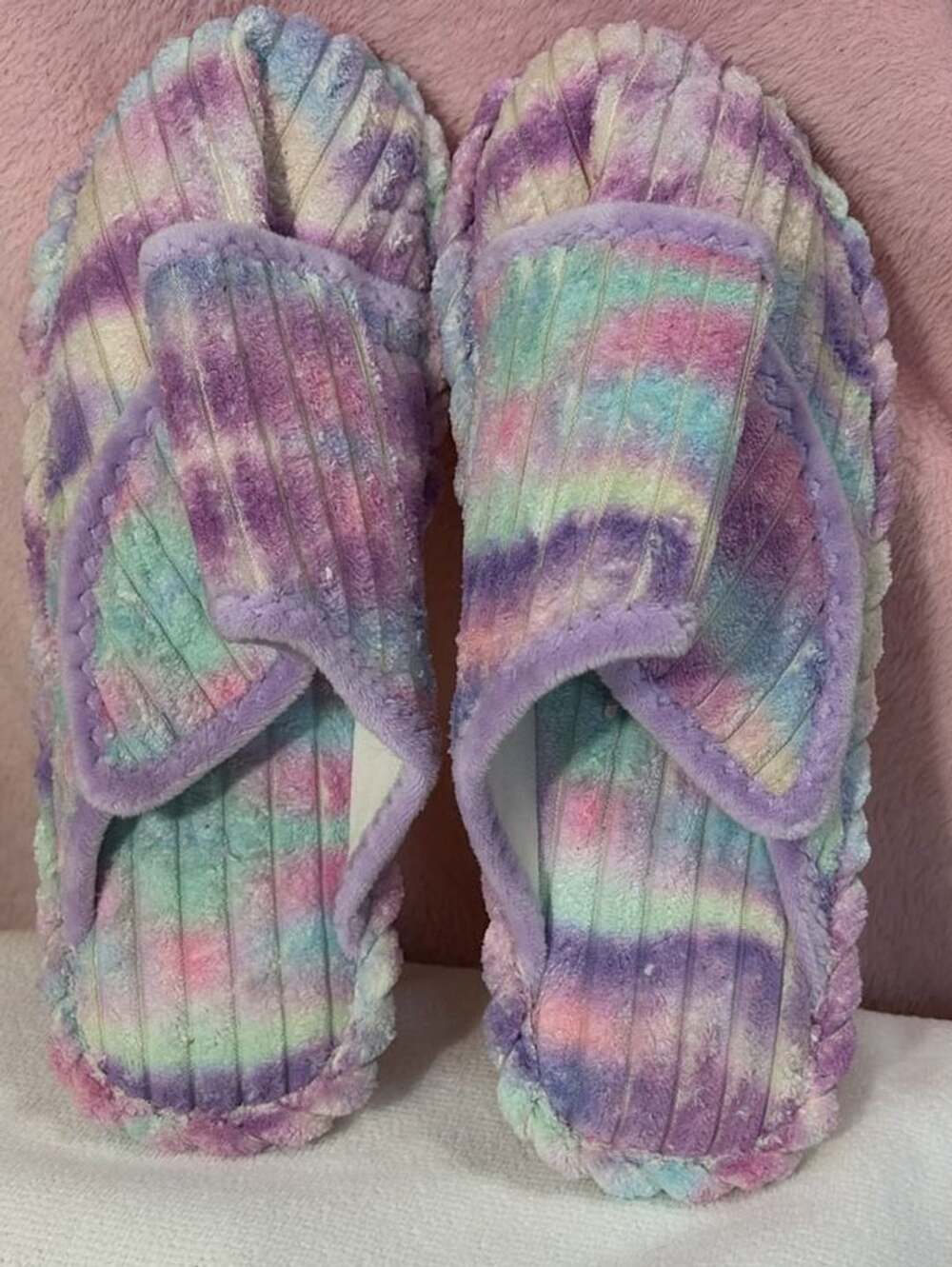 Rainbow Tie Dye Fuzzy Open Toe Double Buckle House Slippers
